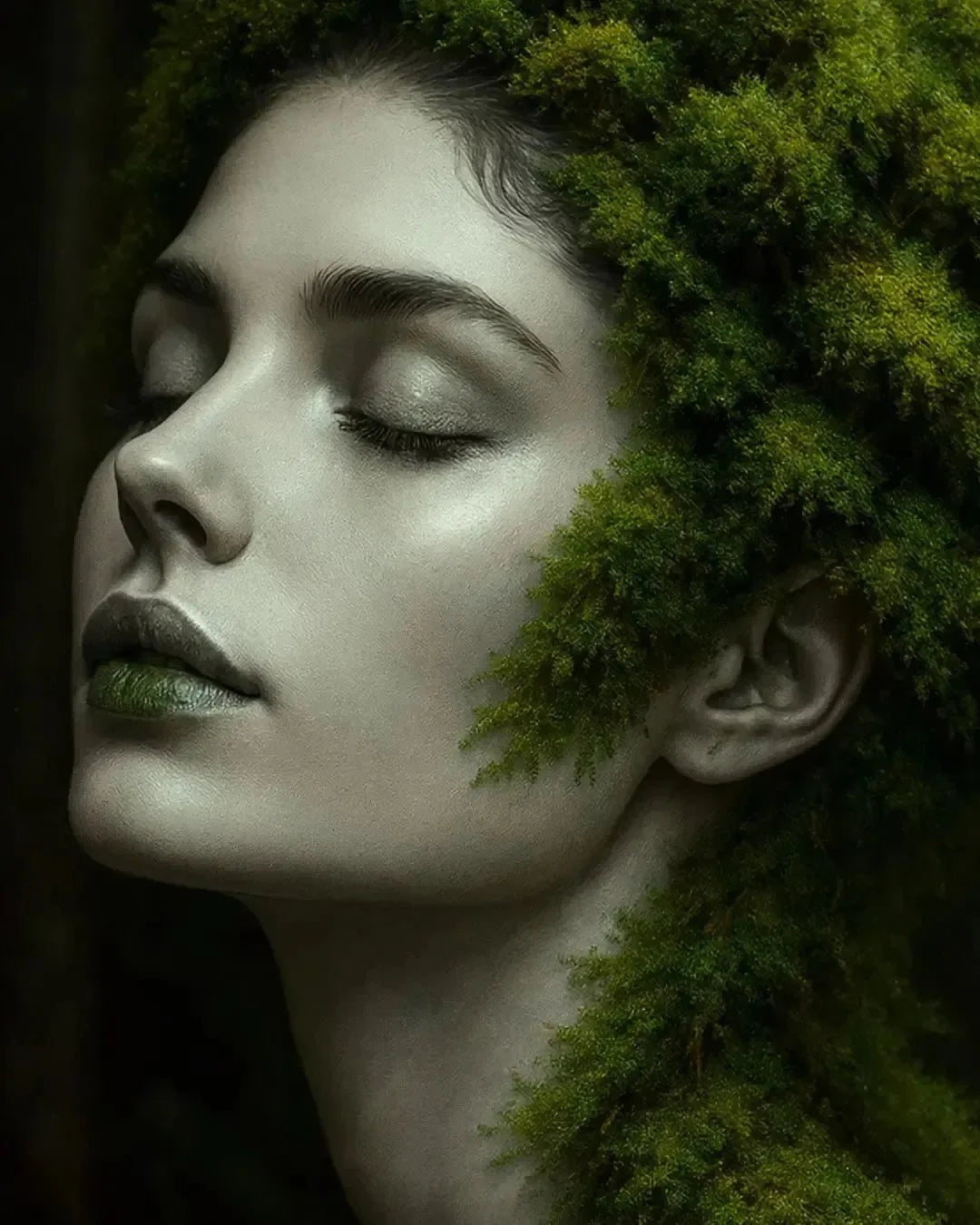 Frauengesicht mit lebendigem grünen Moos im Gaia Kollektion Design