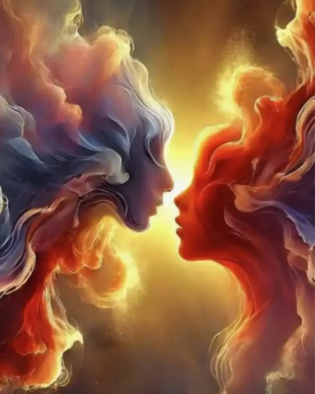 Ethereale menschliche Gesichter aus blauer und roter Rauch in der Sammlung Der Kuss