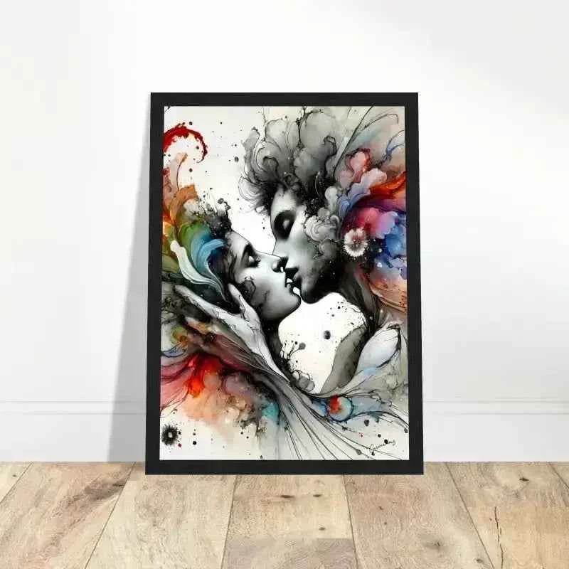 Gerahmtes Poster Im Augenblick versunken: abstrakte Kuss-Figuren mit farbenfrohem Haar