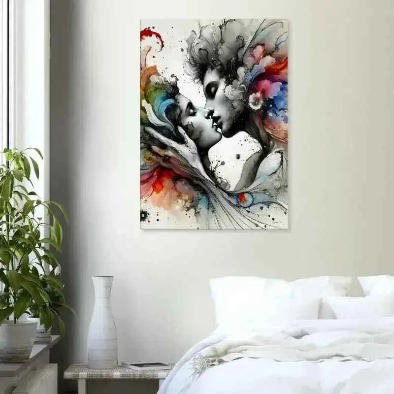 Moderne abstrakte Leinwand mit zwei Gesichtern in Schwarz-Weiß und farbigem Haar, Augenblick versunken