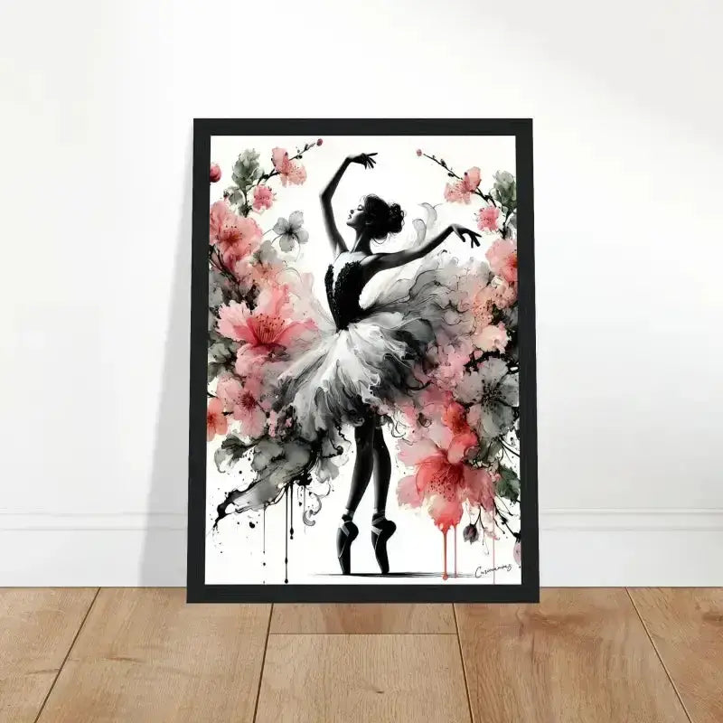 Gerahmtes Poster Blütentanz: Ballerina in Schwarzrahmen mit rosa-weißer Blumenhintergrund