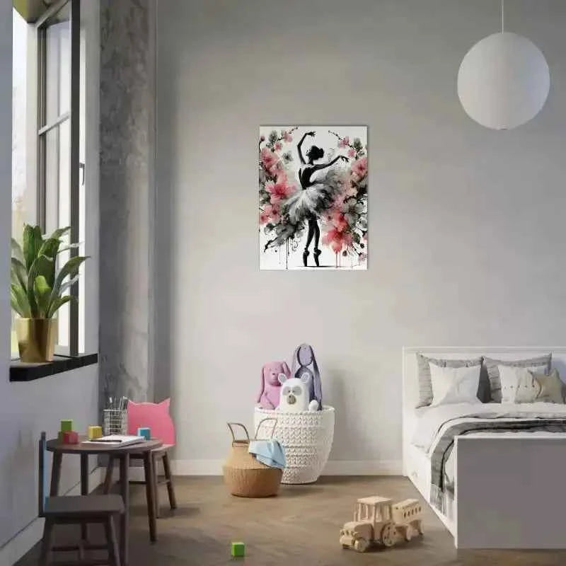 Elegante Aquarell-Ballerina mit weißen und rosa Blumen, schwarze Akzente auf Leinwand Blütentanz