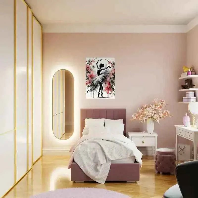 Weiß-goldener Spiegel-Schrank mit LED-Beleuchtung und Ballerina-Poster Blütentanz