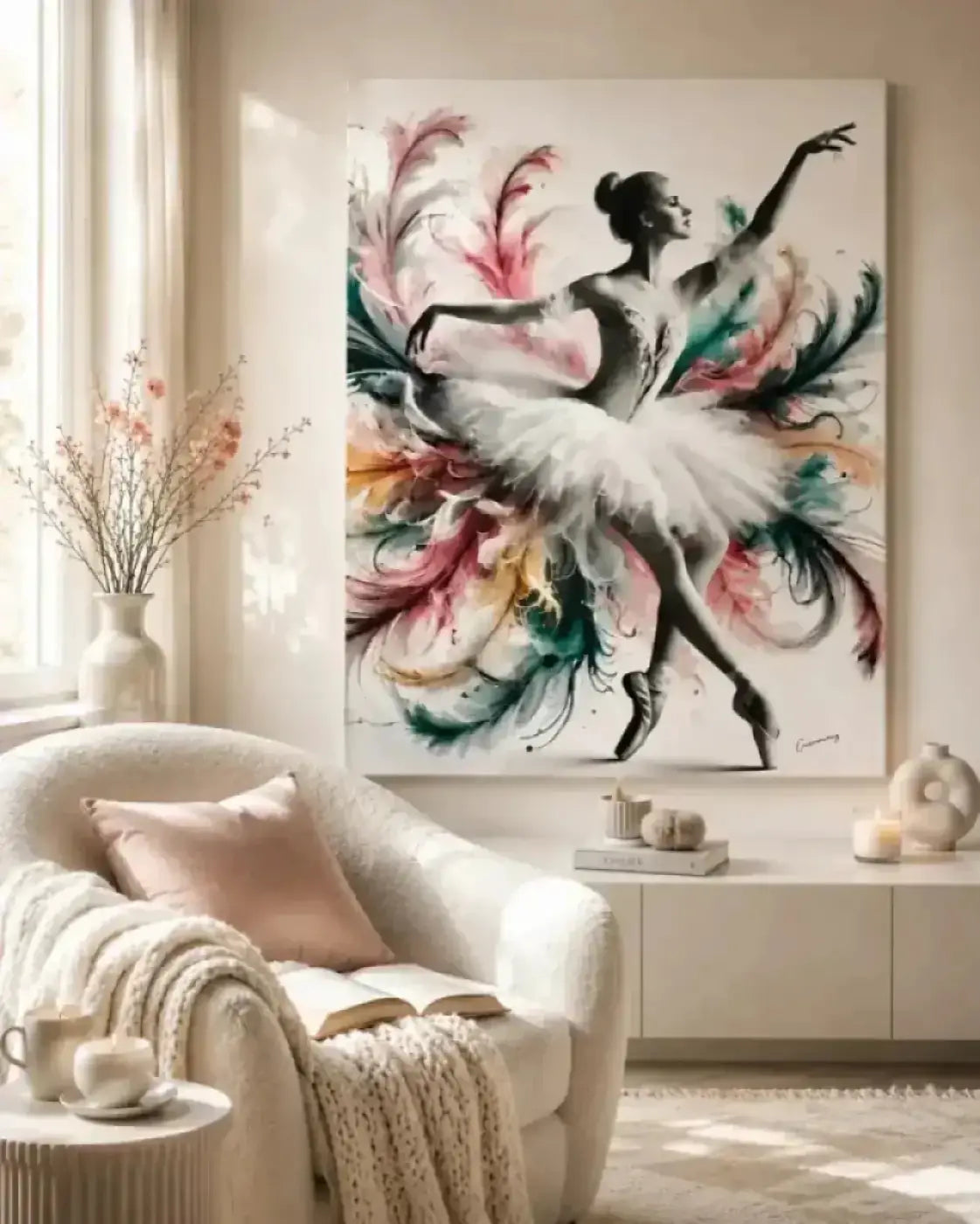Vibranter federleicht leinwanddruck eines ballerinasprungs mit bunten federn ideal als poster und prints