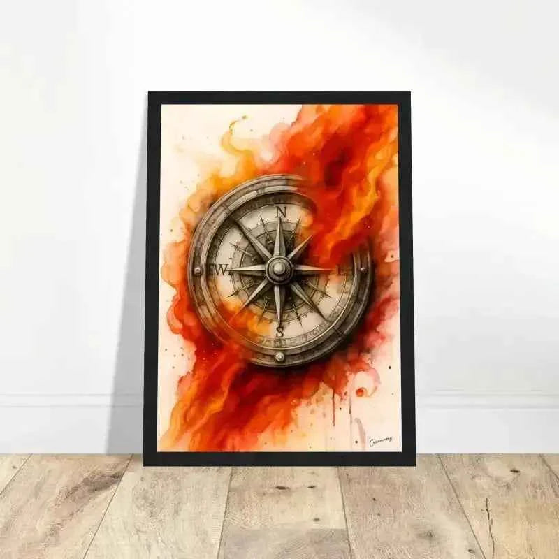 Gerahmtes Poster: Flammen-Kompass in schwarzem Rahmen