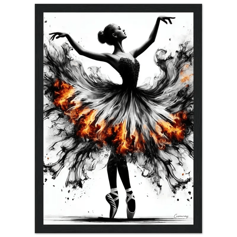 Feuertanz gerahmtes Poster: Schwarz-weiß Ballerina-Tutu-Kleid mit Feuerdesign