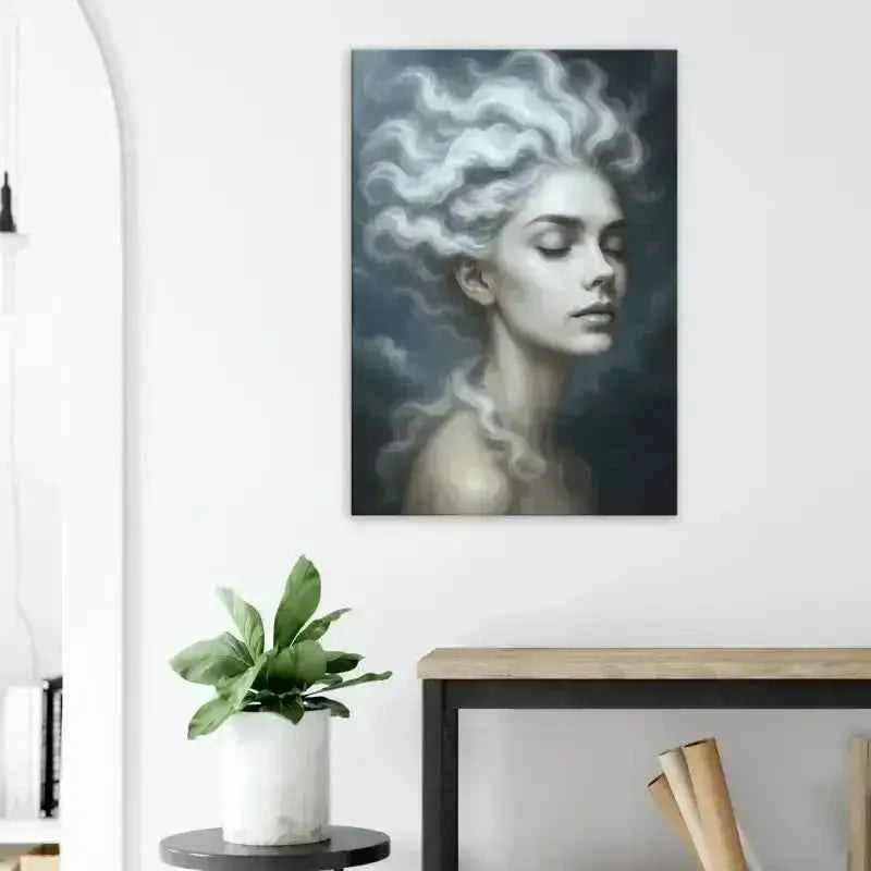 Gaia: Der Atem des Windes Leinwand mit weiß-silbernem Haarporträt und Windes Bewegung