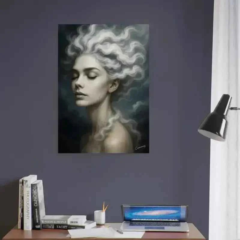 Gaia: Der Atem des Windes Poster mit weiß-goldener Frauenporträt-Wandkunst und Windesbewegung