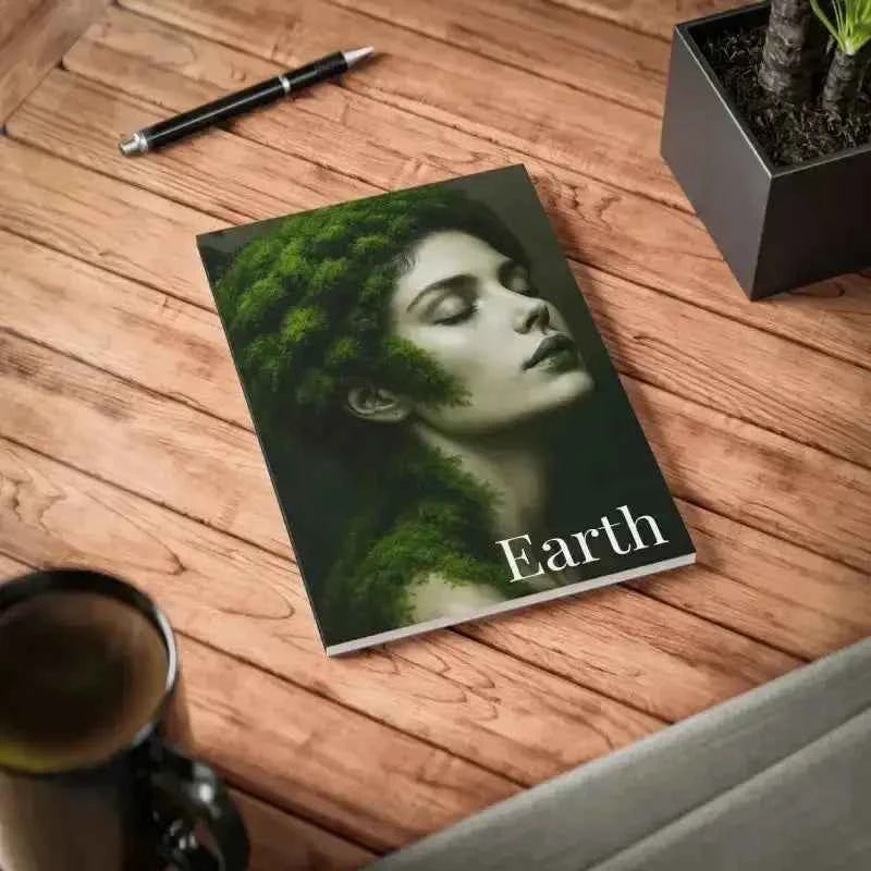 Grünes Blattiges Buchcover mit Frauengesicht, Gaia Erde Journal