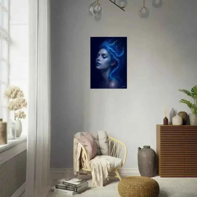 Abstraktes Blau-Weiß Kunstplakat Gaia: Wo Stille fließt mit fließenden Linien