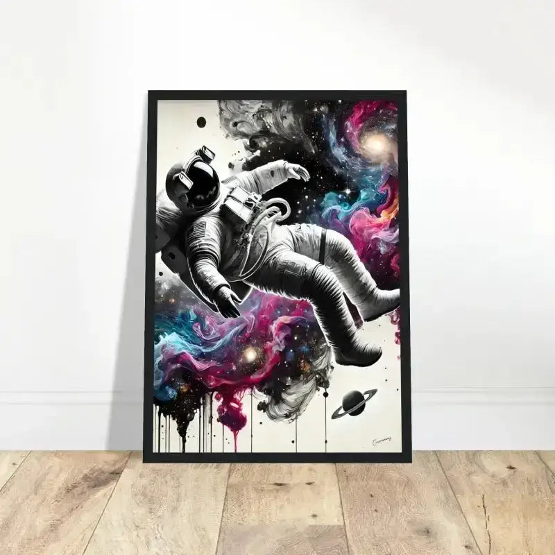 Gerahmtes Poster: Schwarzer Rahmen Astronaut mit galaktischem Kosmos-Hintergrund