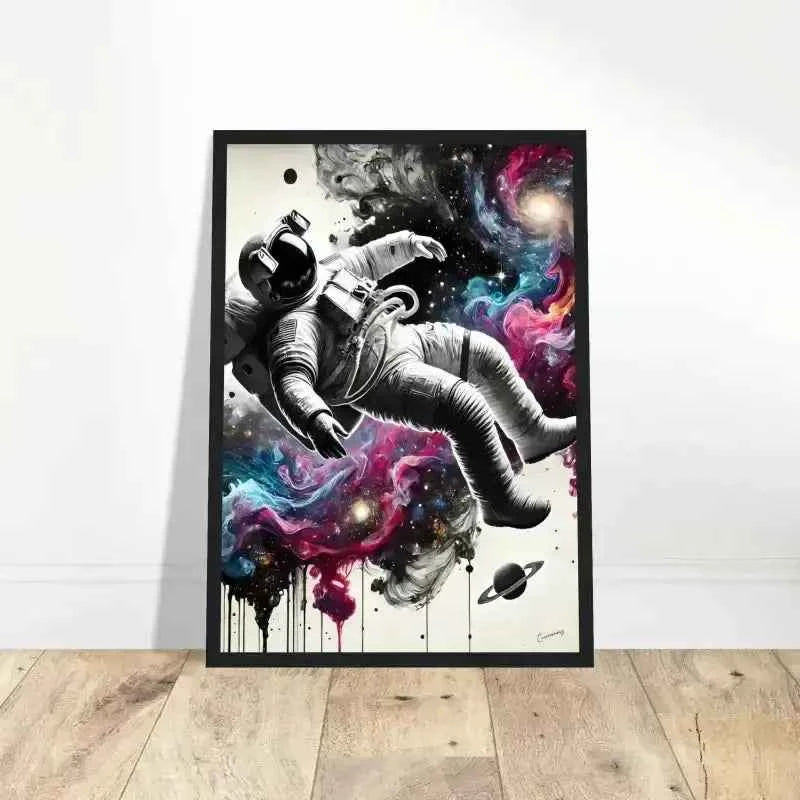 Gerahmtes Poster: Schwarzer Astronaut mit galaktischem Kosmos-Hintergrund