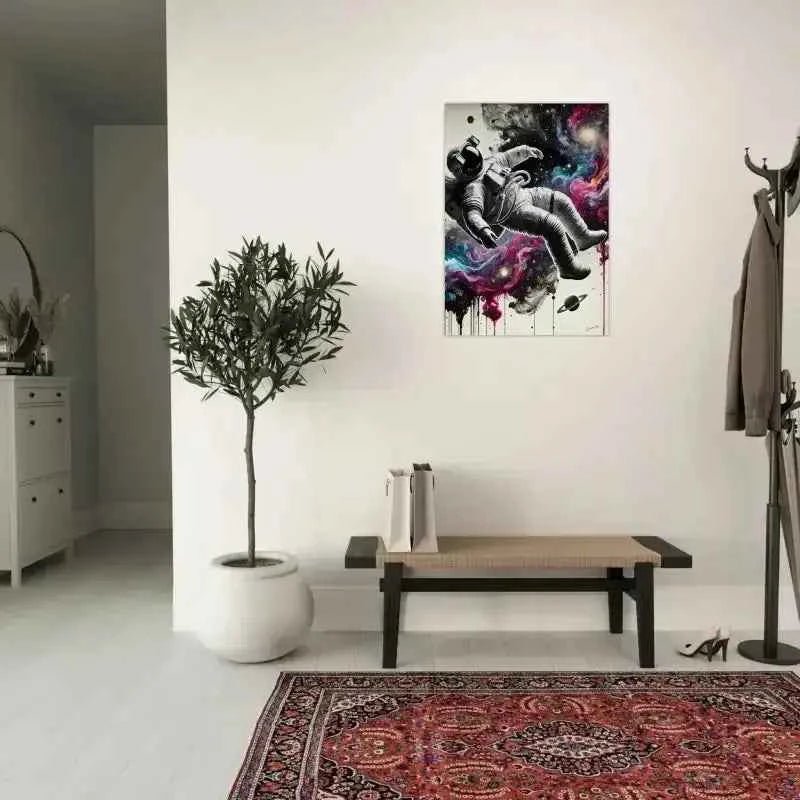 Weiß-schwarzes abstraktes Kunstprint mit farbigen Spritzern auf Leinwand, Galaxien im Fluss Poster