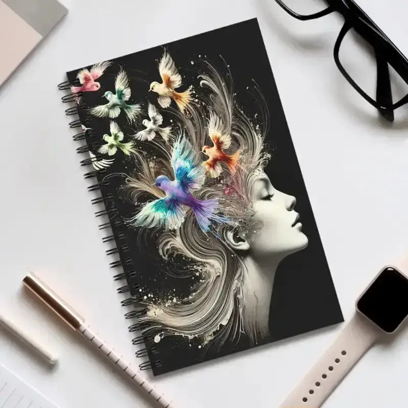 Gedankenvögel Spiralnotizbuch mit bunten Vögeln und Blumen, schwarzer Hintergrund