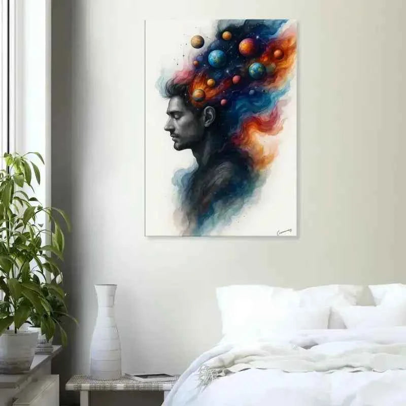 Abstrakte Leinwand-Wandkunst: Mannsprofil mit Planeten, kuratiertes Set