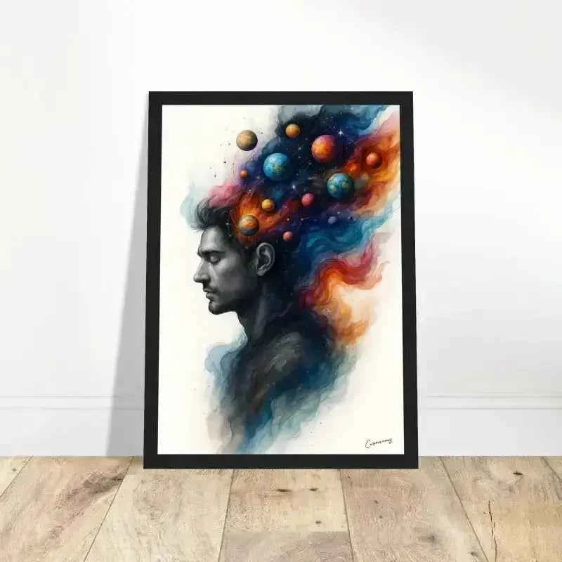 Abstraktes Porträt eines Mannes mit bunten Planeten im Haar, Innerer Kosmos gerahmtes Poster