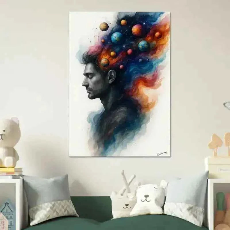 Buntes abstraktes Gemälde von Mannes Kopf mit Planeten und Sternen auf Leinwand: Innerer Kosmos