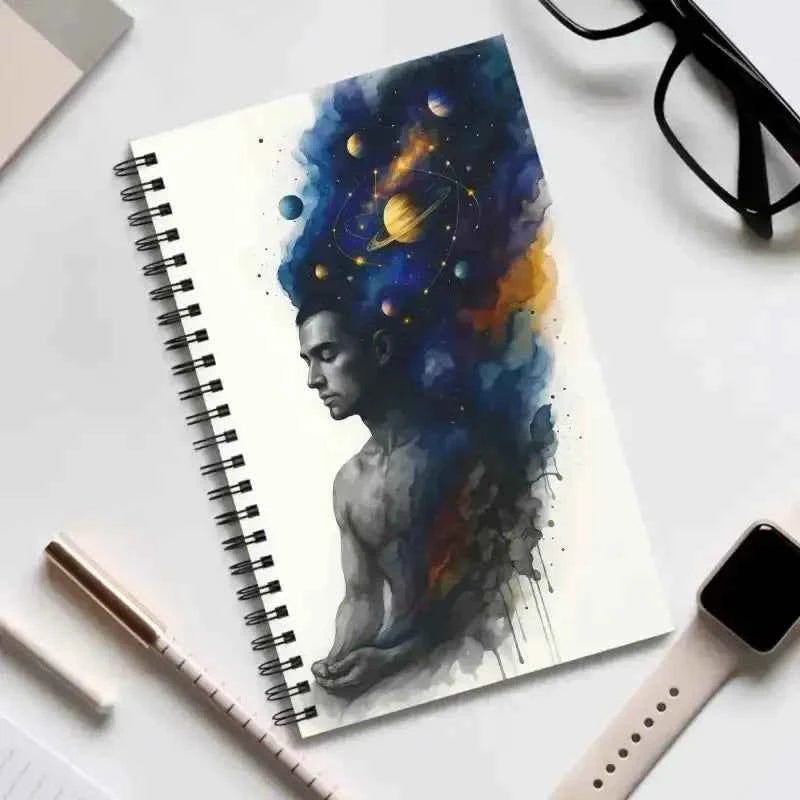 Spiral-Notizbuch Kosmos im Kopf mit abstraktem Weltraum-Cover: Mann in Profil, bunte Planeten und Sterne für grenzenlose Gedanken