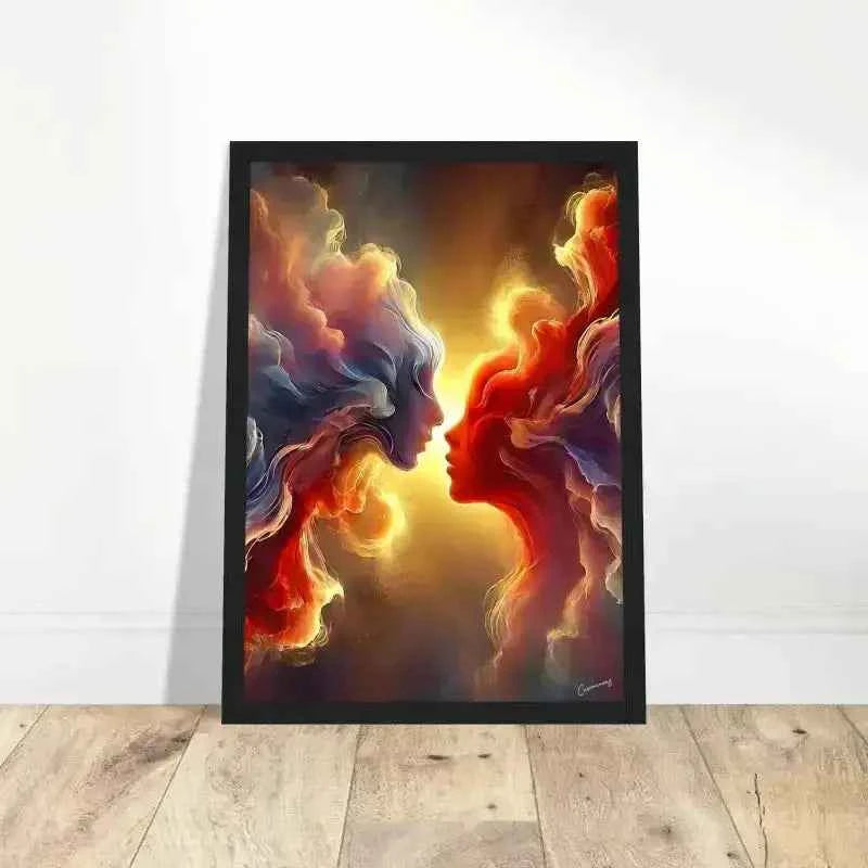 Gerahmtes Poster Der Kuss des Universums mit abstraktem Schwarzrahmen, zwei Gesichtern in lebendigen Farben und fließenden Linien