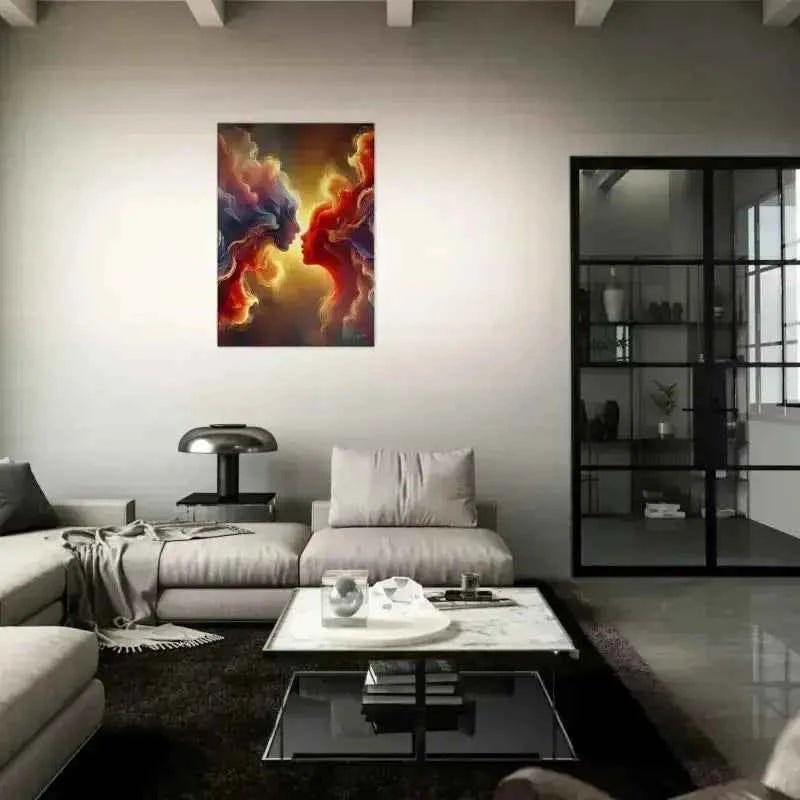 Moderne abstrakte Leinwand Der Kuss des Universums in Rot, Gelb, Blau