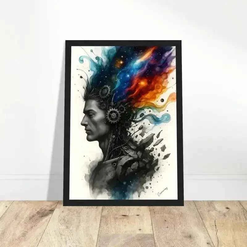 Abstraktes Porträt Mann in Schwarzrahmen mit kosmischen Elementen und Zahnrädern - gerahmtes Poster Machine des Geistes