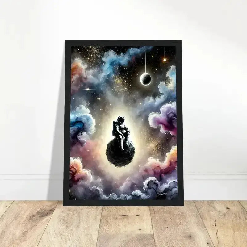 Gerahmtes Poster Zwischen Sternen und Stille mit Astronaut auf Mond