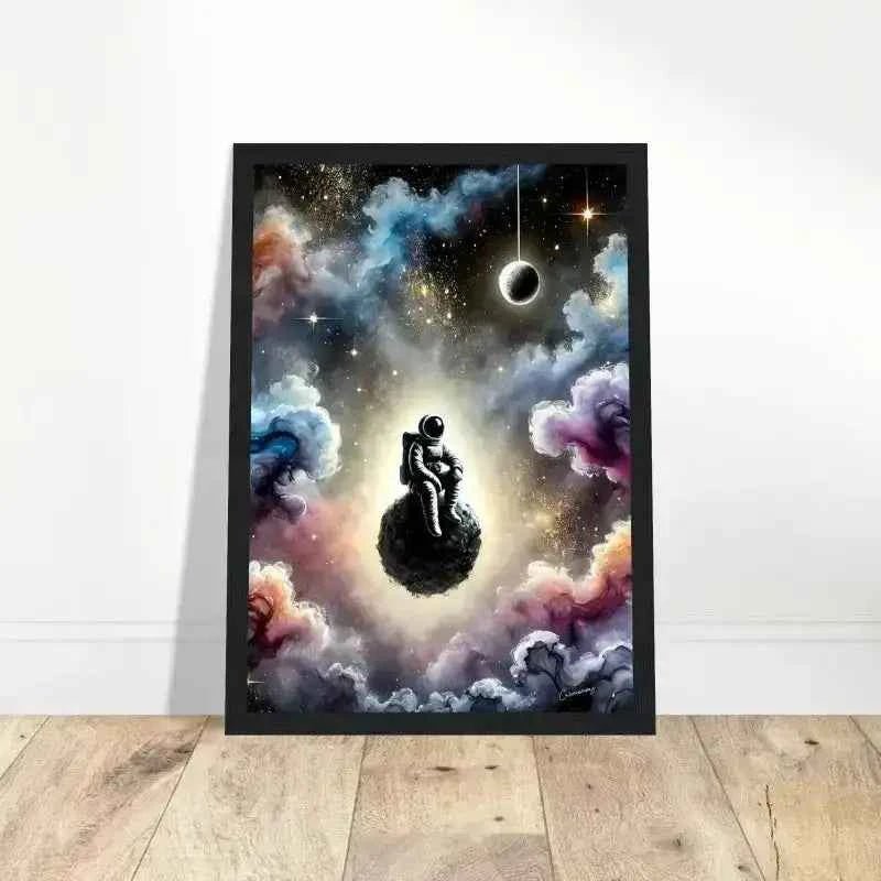 Gerahmtes Poster Zwischen Sternen und Stille mit Astronaut auf Mond
