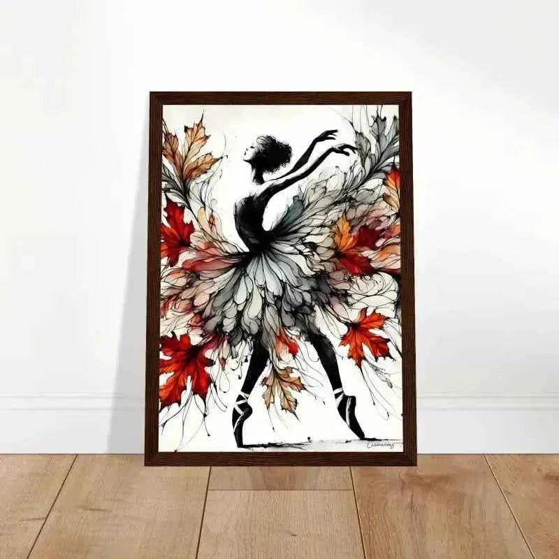 Schwarz-weiß Ballerina Herbstes gerahmtes Poster mit Herbstblättern