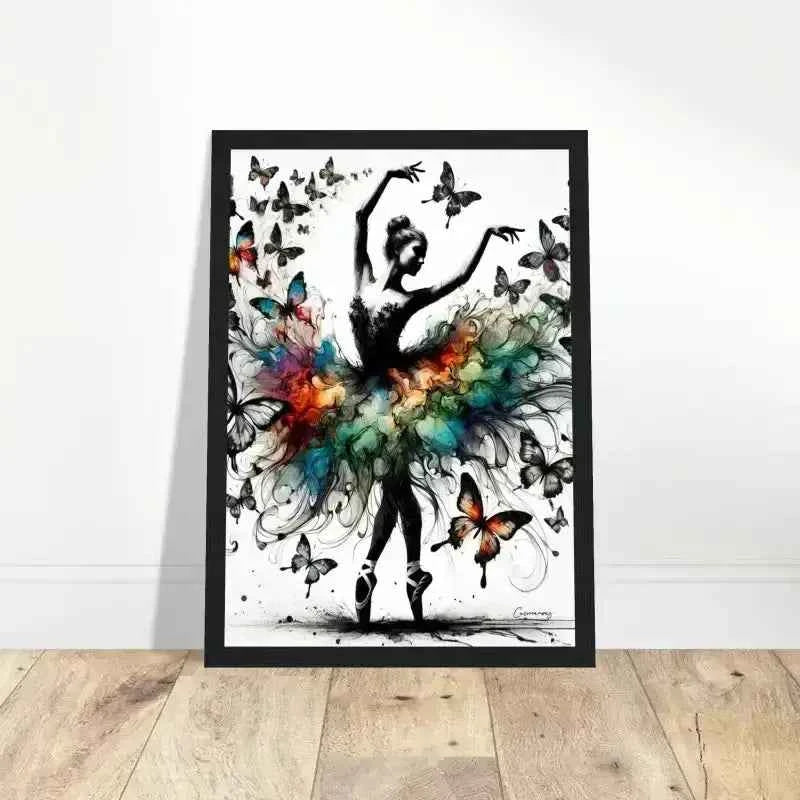 Gerahmtes Poster Tanz der Verwandlung mit schwarzem Rahmen, Balletttänzerin und bunten Schmetterlingen