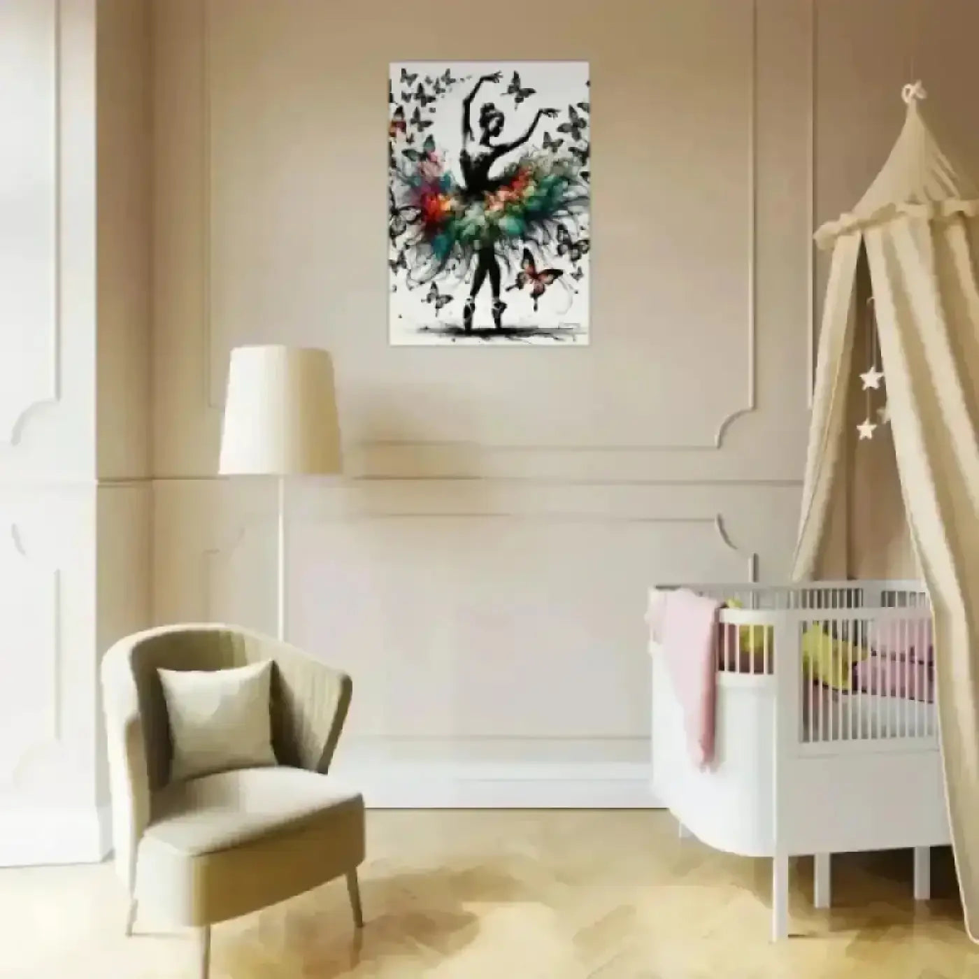 Vibranter canvas verwandlung poster mit schwarzer ballerina silhouette und bunten blumen und schmetterlingen wandkunst