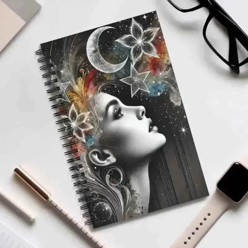 Kosmisches Notizbuch Träume aus Sternenstaub mit Frauengesicht und Sternen