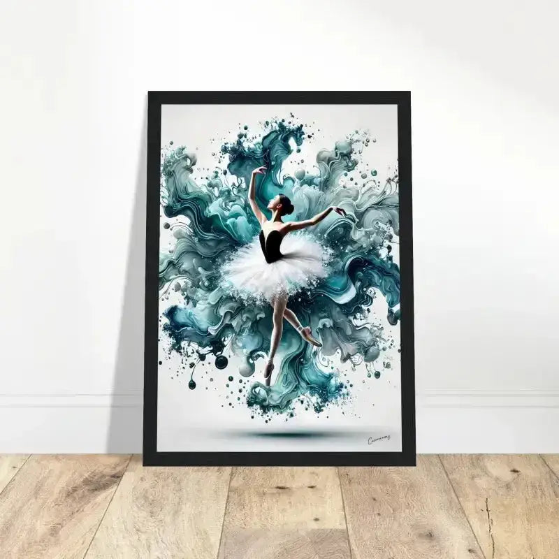 Wassertanz Gerahmtes Poster: Ballerina in Schwarzrahmen mit türkis-weißem abstraktem Hintergrund