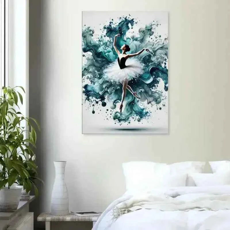 Wassertanz Leinwand mit flüssiger Eleganz, türkis-weiß abstrakt, schwarzer Rahmen