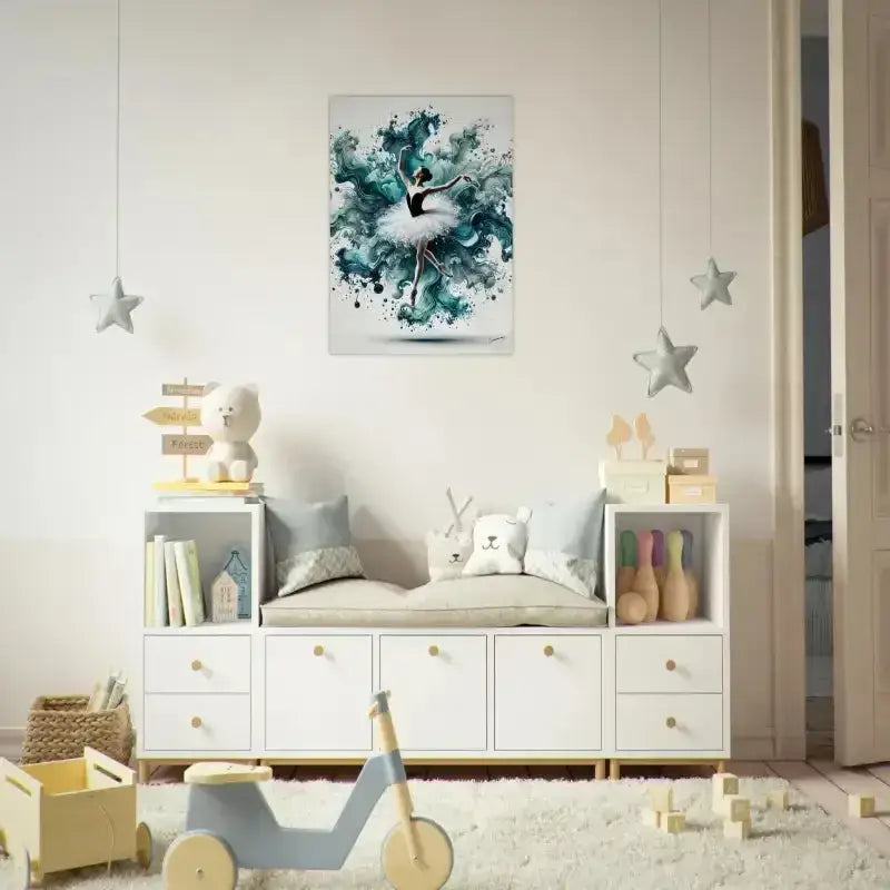 Weiße Wassertanz-Poster-Bank mit Schubladen und gepolstertem Sitz