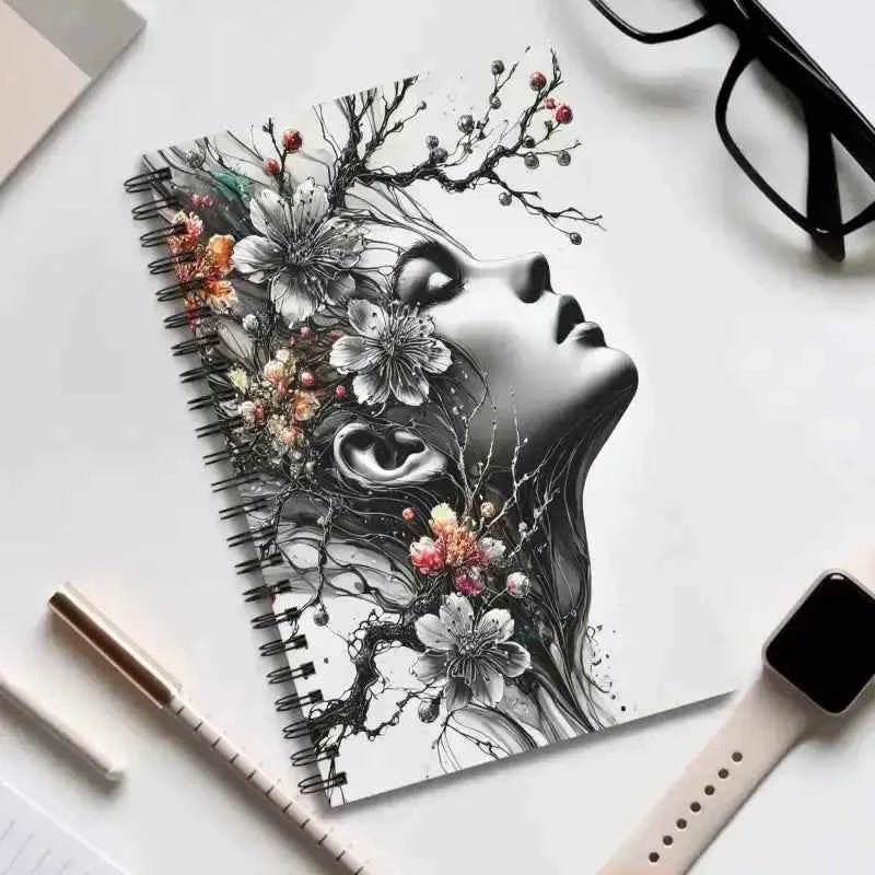 Schwarzes Notizbuch Wurzelpoesie mit blühenden Gedanken und Frauengesicht