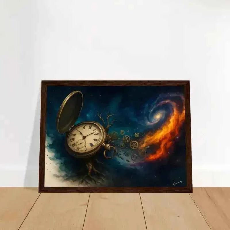 Antikes Taschenuhr-Poster mit Zahnrädern und Flammen im braunen Holzrahmen