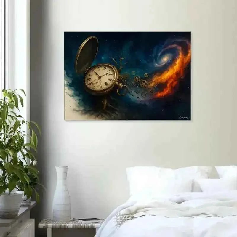 Goldene Taschenuuhr mit offener Klappe auf Zeitspirale Leinwand von Curiocanvas