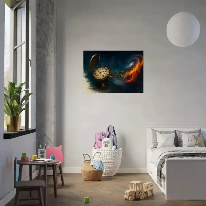 Zeitspirale Poster: Blaue und orange Spiralgalaraxie mit Uhrdesign