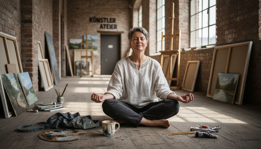 Ein Künstler sitzt entspannt im Sonnenschein seines lichtdurchfluteten Ateliers und meditiert.