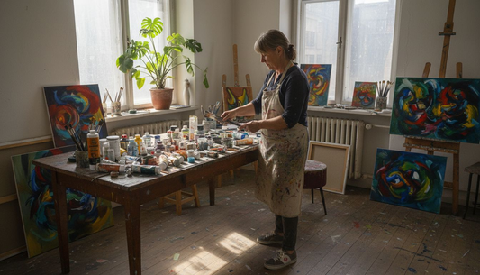 Inmitten seines farbenfrohen Ateliers säubert der Künstler sorgfältig seine Pinsel.