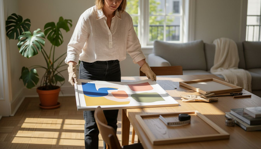 Eine Frau sucht sich ein Kunstwerk samt passendem Rahmen aus.