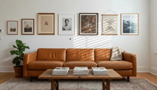 Tan leder sofa mit holzbeinen und gepolstertem sitz bietet natürliche wärme im stil von rahmenlosen präsentationen
