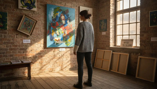 Abstraktes Kunstwerk mit blauen, roten und gelben Strichen an Ziegelwand