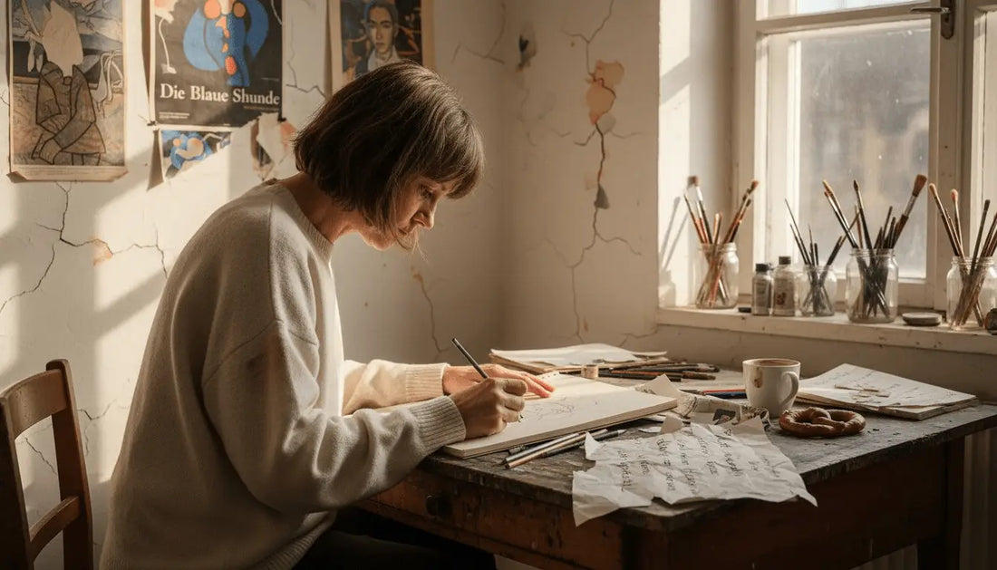 Frau in cremefarbenem Strickpullover skizziert poetische Kunst am Schreibtisch