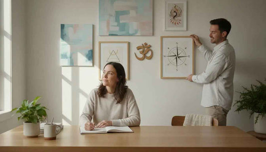 Weiße kompass wandkunst mit schwarzen und goldenen akzenten in holzrahmen für innere ruhe und mentale klarheit im homeoffice
