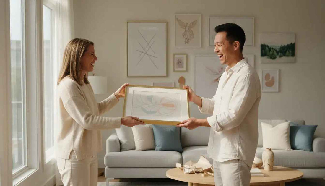Weiß gerahmtes leinwandkunstwerk mit smiley design von happy art als inspirierendes kunstwerk mit emotionaler tiefe