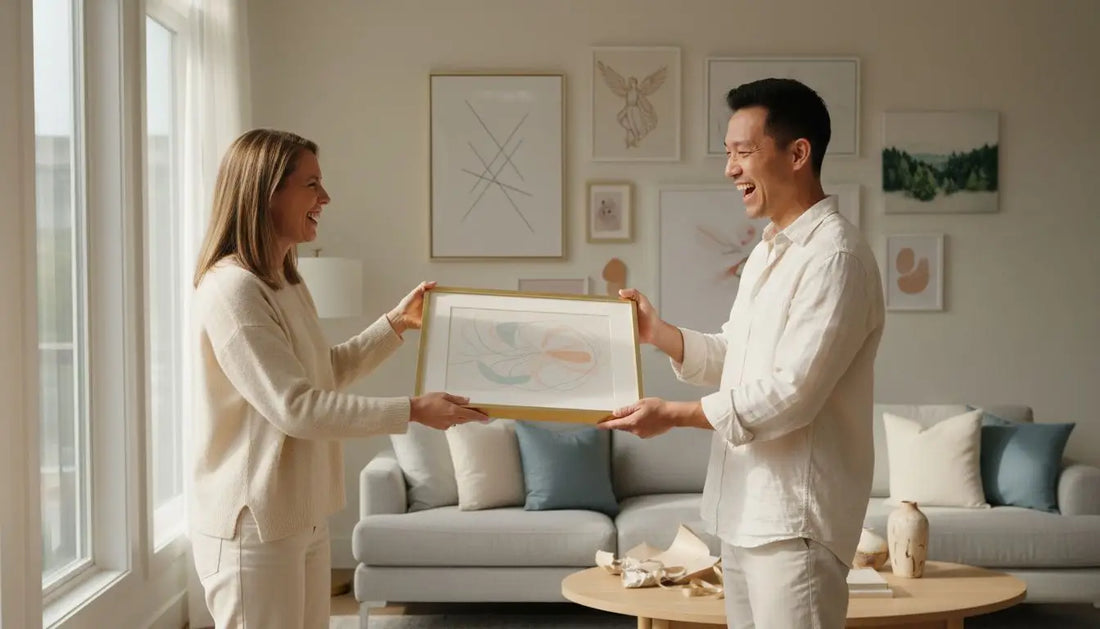 Weiß gerahmtes Canvas-Kunstwerk mit Smiley-Design von Happy Art als Geschenkidee