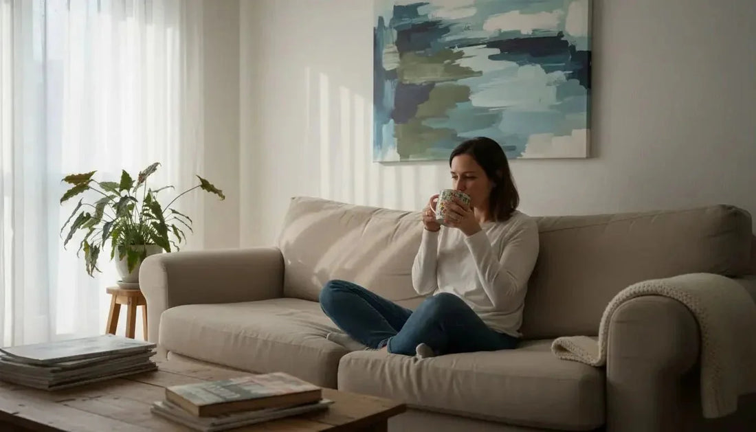 Eine frau sitzt auf einem beigen sofa mit einer weißen keramiktasse und strahlt emotionale ausgeglichenheit aus