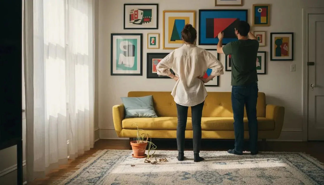 Gelbes sofa mit hellblauem kissen und holzbeinen ideal zum emotional gestalten kleiner räume mit farben wanddeko