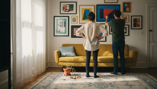 Gelber Polstersofa mit hellblauem Kissen und Holzbeinen in Farb-Deko